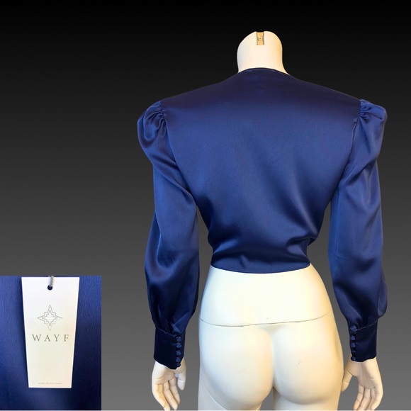 WAYF Navy Blue Satin Tie Front Cropped Shirt Jacket M NWT - Picture 4 of 10